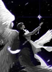  1boy black_coat black_eyes black_hair blackbox_(blackbox9158) blending coat feathered_wings full_body highres kim_dokja male_focus multiple_wings omniscient_reader's_viewpoint open_clothes open_coat outstretched_arm popped_collar short_hair solo sparkle starry_sky_print white_coat white_wings wings 
