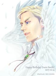  1boy blonde_hair blue_eyes bolo_tie collared_shirt dated erwin_smith falling_feathers feathered_wings feathers gem green_gemstone happy_birthday male_focus mskei parted_lips shingeki_no_kyojin shirt short_hair solo swept_bangs thick_eyebrows twitter_username white_background white_feathers white_shirt white_wings wings 