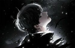  1boy aegyo_sal black_eyes black_hair blackbox_(blackbox9158) coat disintegration falling_feathers feathers glowing half-closed_eyes head_tilt kim_dokja male_focus multicolored_coat omniscient_reader's_viewpoint parted_lips portrait short_hair sky solo space star_(sky) starry_sky two-tone_coat white_coat 