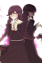  2girls back-to-back black_serafuku black_shirt black_skirt blood blood_on_face blood_splatter blush braid collared_shirt commentary criis-chan danganronpa:_trigger_happy_havoc danganronpa_(series) dual_persona english_commentary eyelashes fukawa_toko genocider_shou glasses glowing glowing_eyes long_hair long_sleeves long_tongue multiple_girls neckerchief nervous_sweating open_mouth pink_blood purple_hair red_eyes red_neckerchief round_eyewear sailor_collar school_uniform serafuku shirt simple_background skirt skirt_set smile sweat tongue tongue_out tumblr_username twin_braids twintails violet_eyes web_address white_background white_sailor_collar 