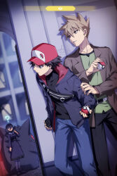  1girl 2boys 88_(einnimnech) ? bag baseball_cap black_dress black_gloves black_hair black_jacket black_pants black_pantyhose black_shirt blue_oak blue_pants breasts brown_eyes brown_hair brown_jacket colored_sclera dress fingerless_gloves gengar ghost gloves green_shirt hair_between_eyes hat hex_maniac_(pokemon) hex_maniac_(pokemon_legends:_z-a) highres holding jacket long_hair long_sleeves multiple_boys neck_ribbon outdoors pants pantyhose poke_ball poke_ball_(basic) pokemon pokemon_(creature) pokemon_legends:_z-a purple_ribbon red_(pokemon) red_hat red_sclera ribbon shirt short_hair shoulder_bag spiky_hair 
