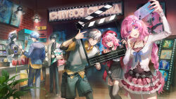  2girls 3girls absurdres aglaea_(honkai:_star_rail) alternate_costume alternate_hairstyle anaxa_(honkai:_star_rail) black_skirt black_thighhighs blue_eyes braid caelus_(honkai:_star_rail) castorice_(honkai:_star_rail) cellphone cerydra_(honkai:_star_rail) cipher_(honkai:_star_rail) commentary cyrene_(honkai:_star_rail) cyrene_(ripples_of_past_reverie)_(honkai:_star_rail) dan_heng_(honkai:_star_rail) do_myzu english_commentary highres holding holding_phone honkai:_star_rail honkai_(series) hyacine_(honkai:_star_rail) hysilens_(honkai:_star_rail) jacket layered_skirt long_hair long_sleeves looking_at_viewer lygus_(honkai:_star_rail) march_7th_(honkai:_star_rail) multiple_girls mydei_(honkai:_star_rail) official_art_inset open_clothes open_jacket open_mouth phainon_(honkai:_star_rail) phone pink_hair pointy_ears red_jacket second-party_source selfie shirt silver_wolf_(honkai:_star_rail) skirt smartphone smile stelle_(honkai:_star_rail) thigh-highs trailblazer_(honkai:_star_rail) tribios_(honkai:_star_rail) twin_braids v violet_eyes white_shirt zettai_ryouiki 