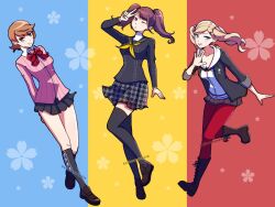  3girls arms_behind_back black_jacket black_sailor_collar black_skirt black_socks black_thighhighs blonde_hair blue_eyes boots bow bowtie breasts brown_eyes brown_hair brown_shoes cardigan cherry_blossoms collared_shirt dullorangepulp english_commentary floral_background full_body gekkoukan_high_school_uniform hand_up hood hood_down hoodie jacket kujikawa_rise long_hair long_sleeves looking_at_viewer medium_breasts miniskirt multiple_girls neckerchief open_clothes open_jacket pantyhose parted_lips persona persona_3 persona_4 persona_5 pink_cardigan pleated_skirt red_bow red_bowtie red_pantyhose ribbed_cardigan sailor_collar school_uniform shirt shoes short_hair shuujin_academy_school_uniform skirt socks takamaki_anne takeba_yukari thigh-highs trait_connection twintails v white_hoodie white_shirt yasogami_school_uniform yellow_neckerchief zipper 