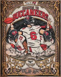  2024 3boys absurdres american_football american_football_(object) american_football_helmet american_football_uniform ball chuangraphics dated english_text helmet highres multiple_boys poster_(medium) shirt sportswear sword tampa_bay_buccaneers weapon white_shirt 