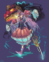  1girl absurdres boots bow fan folding_fan fox_mask hata_no_kokoro highres horns knifedragon long_hair mask oni_mask pink_eyes pink_hair plaid plaid_shirt polearm purple_background ribbon skirt solo spear tengu_mask touhou very_long_hair weapon 