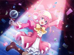 1girl beret blue_eyes bow bowtie dress frilled_dress frills game_cg hair_rings hat hat_bow holding holding_magnifying_glass jumping long_sleeves looking_at_viewer magnifying_glass newsboy_cap official_art open_mouth pink_bow pink_dress pink_hair sherlock_shellingford shoujo_kageki_revue_starlight shoujo_kageki_revue_starlight_-re_live- solo spotlight stage tantei_opera_milky_holmes upper_body yellow_bow yellow_bowtie yellow_hat 
