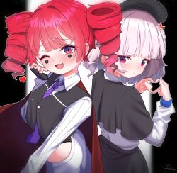 2girls absurdres anger_vein black_vest blunt_bangs breasts facial_mark fang from_behind hair_ornament hand_up hat heart heart_hair_ornament heart_hands heart_on_cheek highres hip_vent kasane_teto long_sleeves looking_at_viewer mayou940114 multiple_girls necktie open_mouth red_eyes red_hair short_hair smile teto_the_31st twin_drills twintails ui_(voisona) vest vocaloid white_hair white_legwear white_shirt