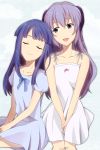  2girls blue_hair bow closed_eyes dress furude_rika hanyuu highres higurashi_no_naku_koro_ni horns long_hair momokan_(sibasaki) multiple_girls open_mouth puffy_sleeves purple_hair smile violet_eyes white_dress 