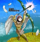  1girl arrow bow_(weapon) dragon_quest halo highres pao_(otomogohan) pink_eyes pink_hair short_hair solo weapon wings 