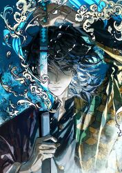  1boy absurdres baicumikuo black_eyes black_hair blue_background closed_mouth colored_skin commentary_request demon_slayer_uniform floating_hair gold_buttons haori highres holding holding_sheath holding_sword holding_weapon japanese_clothes katana kimetsu_no_yaiba looking_at_viewer male_focus print_haori sheath solo sword sword_in_front_of_face sword_writing tomioka_giyuu unsheathing upper_body water waves weapon white_skin wind 