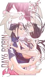  1girl aged_down black_hair blue_eyes blunt_bangs book character_name child commentary crossed_arms dress etaryu496a eyelashes eyewear_on_head highres holding holding_book long_hair nico_robin one_piece petals pink_sarong profile purple_dress sarong sidelocks upside-down 