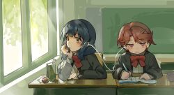  2girls arm_on_table arms_on_table blue_hair blunt_bangs blush book bow bowtie cable chair classroom closed_mouth collared_shirt day desk drinking_straw earphones earphones elbow_on_table fumi_(fyvr2372) grey_jacket hanayagi_kaoruko hand_on_own_chin head_rest highres holding holding_pen indoors isurugi_futaba jacket juice_box light_smile long_sleeves looking_ahead looking_at_object looking_down looking_to_the_side medium_hair multiple_girls on_chair open_book open_clothes open_jacket parted_bangs pen pink_eyes red_bow red_bowtie red_hair school_chair school_desk school_uniform seishou_music_academy_uniform shared_earphones shirt short_hair shoujo_kageki_revue_starlight upper_body white_shirt window writing yellow_eyes 