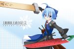  1girl advent_cirno ahoge blue_dress blue_eyes blue_hair bow cirno copyright_name dress dual_wielding final_fantasy fusion_swords gloves hair_bow highres keroro keroro_gunsou looking_at_viewer mismatched_sleeves multiple_swords nugi_(armenci) short_hair solo standing sword touhou weapon wooden_sword 