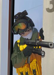  1girl absurdres aiming camcorder doorway english_commentary flashlight gloves goggles goggles_on_headwear gun helmet highres holding holding_gun holding_weapon jacket looking_at_viewer mask military_jacket military_uniform mouth_mask pocket polilla polivia shoulder_stock steyr_mpi-81 submachine_gun suppressor vest video_camera weapon yellow_vest 