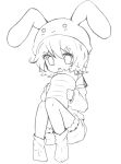  1girl animal_hat berry_(strawberry_6) bunny_hat carrot hat highres kagamine_rin lineart monochrome open_mouth oversized_object solo vocaloid young 