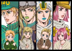  1girl 3boys aged_down animal beanie blonde_hair blue_eyes blue_lips blunt_bangs blunt_ends bow brown_eyes clenched_hands clenched_teeth crying diego_brando dual_persona facial_hair goggles goggles_on_headwear green_eyes green_lips gyro_zeppeli hat highres holding holding_animal hot_pants_(sbr) jacket johnny_joestar jojo_no_kimyou_na_bouken kota111519 long_hair long_sleeves mouse_(animal) multiple_boys open_mouth parted_lips pink_hair scarf shirt_bow short_hair steel_ball_(jojo) steel_ball_run sweater tears teeth turtleneck 