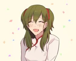  1girl blue_petals blush chinese_clothes closed_eyes commentary_request d.gray-man earrings facing_viewer green_hair green_petals hair_between_eyes hair_over_shoulder hair_ribbon jewelry lenalee_lee long_hair long_sleeves mandarin_collar open_mouth orange_petals petals purple_petals red_petals red_ribbon ribbon shirt shu_(lo_3153) sidelocks simple_background smile solo striped_clothes striped_shirt stud_earrings turtleneck turtleneck_shirt two_side_up upper_body vertical-striped_clothes vertical-striped_shirt white_shirt yellow_background 