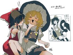  2girls alcohol apron armpits ascot bare_shoulders black_hair black_skirt black_vest blonde_hair blush bottle bow braid brown_hair cheek_squash chest_sarashi choko_(cup) closed_eyes collar cup detached_sleeves drunk face_squeeze frilled_bow frilled_hair_tubes frilled_hat frills hair_bow hair_tubes hakurei_reimu hands_on_another's_cheeks hands_on_another's_face hat hat_bow hat_ribbon highres holding holding_bottle kirisame_marisa multiple_girls red_bow red_shirt red_skirt ribbon sake sake_bottle sarashi shirt side_braid single_braid skirt skirt_set sokura_(mochichitose) touhou translation_request turtleneck vest waist_apron white_background white_bow white_collar witch_hat 