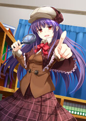  1girl :o absurdres bookshelf bow breasts brown_coat brown_skirt coat curtains deerstalker girlfriend_(kari) hat highres holding holding_magnifying_glass indoors kagurazaka_saya long_hair long_sleeves magnifying_glass mugenpai plaid_clothes pointing pointing_at_viewer purple_hair red_bow red_eyes skirt small_breasts 