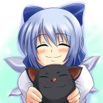  1girl ^_^ black_cat blue_hair blush bow bust cat cirno closed_eyes hair_bow nishi_koutarou short_hair smile touhou whiskers wings 