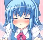  1girl blue_dress blue_hair blush bow bust cirno dress hair_bow ice ice_wings incoming_kiss masiromu open_mouth shirt solo touhou wings 