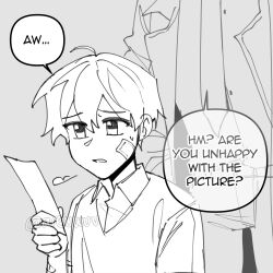  2boys areuwuu bandage_on_face bandages breath coat commentary dual_persona english_commentary english_text hair_between_eyes height_difference highres holding holding_photo kim_dokja male_focus monochrome multiple_boys necktie oldest_dream omniscient_reader's_viewpoint out_of_frame photo_(object) shirt short_hair t-shirt vest 