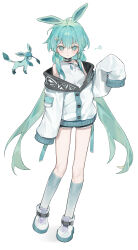  1girl :< absurdres commentary_request full_body glaceon highres humanization huu_(dighapdlxm12) jacket long_hair looking_at_viewer personification pokemon pokemon_(creature) shorts simple_background sleeves_past_fingers sleeves_past_wrists socks twintails white_background white_jacket 
