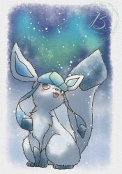  animal_focus baya_(sakura_mint) blue_eyes blue_fur blue_sclera blush colored_sclera commentary_request fangs full_body glaceon highres no_humans open_mouth pokemon pokemon_(creature) pokemon_focus sitting smile snowing solo tail 