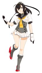  1girl akizuki_(kancolle) bad_id bad_source black_hair black_headband breasts clothes_writing full_body gloves greyscale hachimaki headband kantai_collection long_hair medium_breasts miniskirt monochrome neckerchief ojipon pleated_skirt ponytail rudder_footwear sailor_collar school_uniform serafuku short_sleeves simple_background skirt solo white_background white_gloves white_skirt yellow_neckerchief 