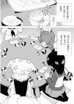  4girls animal_ears backpack bag chopsticks comic eating food fox_ears fox_tail fuantei hat maribel_hearn monochrome multiple_girls multiple_tails neckerchief no_hat rice rice_bowl seiza sitting smile soup table tail tempura touhou translation_request turtleneck usami_renko yakumo_ran 