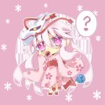  1girl ? alternate_costume bag candy_apple eating expressionless face_mask fox_mask hata_no_kokoro highres japanese_clothes kimono long_hair long_sleeves looking_at_viewer mask milkpanda pink_background pink_eyes pink_hair sash solo touhou very_long_hair wide_sleeves 