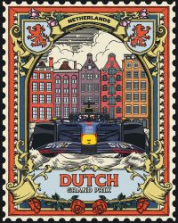  building car chuangraphics english_text flower formula_one heraldry highres lion motor_vehicle netherlands no_humans postage_stamp poster_(medium) red_flower vehicle_focus 