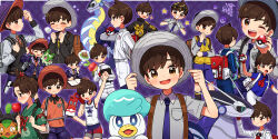  1boy :< applin aqua_eyes arm_up backpack bag black_jacket black_sclera black_socks black_vest blue_eyes blue_pants blue_shirt blueberry_academy_school_uniform blush book breast_pocket bright_pupils brown_bag brown_eyes brown_hair candy_apple cellphone character_print closed_eyes closed_mouth cold collared_shirt colored_sclera dot_nose fangs festival_jinbei fingernails florian_(pokemon) food from_side gloves green_kimono grey_bag grey_shirt hair_ribbon hand_on_headwear hands_on_headwear hat highres holding holding_candy_apple holding_food holding_poke_ball holding_pokemon holding_strap jacket japanese_clothes jinbei_(clothes) kimono league_club_uniform long_sleeves male_focus maschiff miraidon multicolored_shorts multiple_views neckerchief necktie non-humanoid_robot nostrils official_alternate_costume official_alternate_hairstyle ogerpon ogerpon_(teal_mask) on_shoulder one_eye_closed open_book open_mouth orange_necktie orange_shirt outline pants partially_fingerless_gloves phone pocket poke_ball poke_ball_(basic) poke_ball_symbol pokemon pokemon_(creature) pokemon_on_shoulder pokemon_sv print_shorts purple_background purple_hat purple_jacket purple_outline purple_shorts quaxly red_bag red_eyes red_gloves red_neckerchief red_ribbon ribbon rii_(pixiv11152329) robot roto-stick rotom rotom_phone sandwich school_uniform selfie_stick shirt short_hair short_sleeves shorts single_glove smartphone smile socks speech_bubble sprigatito star-shaped_pupils star_(symbol) symbol-shaped_pupils tank_top teeth terapagos terapagos_(normal) thought_bubble topknot undercut upper_teeth_only uva_academy_school_uniform vest white_bag white_pants white_pupils white_shirt white_tank_top yellow_eyes yellow_vest zipper 