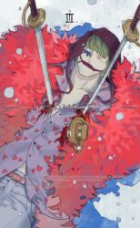  1boy blonde_hair blood closed_eyes commentary death donquixote_rocinante feather_cape heart heart_print highres hood lying makeup on_back one_piece purple_hood sample_watermark siyangou49 snowing solo sword watermark weapon 