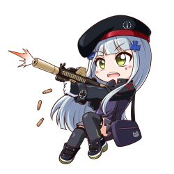  1girl bag belt black_belt black_jacket black_shoes black_thighhighs blue_hair blunt_bangs blush blush_stickers casing_ejection chibi commentary commentary_typo eotech firing full_body girls_frontline gloves green_eyes hk416_(girls'_frontline) jacket jiwon_(sj1) long_hair long_sidelocks long_sleeves multicolored_jacket open_mouth pleated_skirt purple_jacket purple_skirt shell_casing shoes shoulder_bag sidelocks simple_background skirt solo suppressor tattoo teardrop_tattoo teeth thigh-highs two-tone_jacket upper_teeth_only very_long_hair white_background white_gloves 