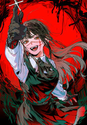  1girl black_hair chainsaw_man collared_shirt commentary_request cross_scar dress finger_gun fourth_east_high_school_uniform highres ikaooi1 long_hair looking_at_viewer open_mouth pinafore_dress red_eyes ringed_eyes scar scar_on_cheek scar_on_face scar_on_nose school_uniform shirt sleeveless sleeveless_dress smile solo white_shirt yellow_eyes yoru_(chainsaw_man) 