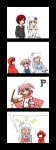  3girls 4koma ? blue_eyes blush book cape child comic dress dual_wielding flower flower_on_head formal highres hood if_they_mated long_hair lunarisaileron multiple_girls necktie pink_hair redhead rose ruby_rose rwby short_hair side_ponytail silent_comic suit weapon wedding_dress weiss_schnee white_hair 