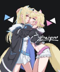  2girls animal_ear_fluff animal_ears baiyuu belt black_background black_collar blonde_hair blue_eyes blue_hairband breasts collar dog_ears dog_girl dog_tail fake_horns frilled_shorts frills fuwawa_abyssgard fuwawa_abyssgard_(1st_costume) hair_ornament hairband hand_on_another's_cheek hand_on_another's_chin hand_on_another's_face hand_on_another's_head highres holoadvent hololive hololive_english horn_hairband horns imminent_kiss large_breasts long_hair mococo_abyssgard mococo_abyssgard_(1st_costume) multicolored_hair multiple_girls navel pink_belt pink_eyes pink_hairband shorts siblings simple_background sisters spiked_collar spikes streaked_hair tail twins virtual_youtuber x_hair_ornament yuri 