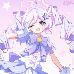  1girl ;d absurdres ahoge artist_name back_bow blue_archive bow bowtie chinese_commentary commentary_request dated drill_hair earrings gloves gradient_background hair_ornament halo hand_up highres jacket jewelry layered_skirt light_blush long_hair looking_at_viewer magical_girl multicolored_hair official_alternate_costume official_alternate_hairstyle one_eye_closed open_mouth outstretched_hand pink_bow pink_hair puffy_short_sleeves puffy_sleeves purple_background purple_bow purple_bowtie purple_hair purple_jacket purple_skirt reisa_(blue_archive) reisa_(magical)_(blue_archive) shirt short_sleeves signature skirt smile solo southernsandbox star_(symbol) star_earrings star_hair_ornament star_halo star_symbol_background twin_drills twintails two-tone_hair upper_body violet_eyes white_gloves white_shirt white_skirt wing_hair_ornament 