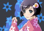  1girl araragi_tsukihi black_eyes black_hair blush flower hair_ornament highres japanese_clothes kimono monogatari_(series) nenchi short_hair smile solo 