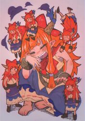  6+girls :d absurdres bare_arms barefoot blush bow bowtie brown_horns chest_sarashi closed_eyes commentary_request cuffs elbow_blush gradient_background hair_bow highres horn_ornament horns ibuki_suika inuyama_konan long_hair multiple_girls nose_blush oni open_mouth orange_eyes orange_hair pointy_ears red_bow red_bowtie sarashi shackles sharp_teeth shirt shoulder_blush simple_background sitting sitting_on_head sitting_on_person skirt smile standing teeth thick_eyebrows touhou white_shirt 