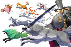  absurdres amaterasu_(ookami) animal animal_kirby brown_fur character_request commission copyright_request dark_souls_(series) dark_souls_i dog ghost_trick great_grey_wolf_sif green_fur grey_fur guilty_gear guilty_gear_strive highres kirby kirby_(series) koromaru_(persona) mecha missile_(ghost_trick) mytea_(soso) no_humans ookami_(game) persona persona_3 rei_(guilty_gear) robot simple_background skeb_commission sword sword_in_mouth weapon white_background white_fur wolf 