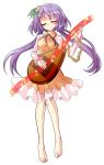 1girl barefoot biwa_lute bracelet brown_dress chain closed_eyes dairi dress flower hair_flower hair_ornament highres instrument jewelry long_hair long_sleeves lute_(instrument) musical_note purple_hair simple_background smile solo touhou tsukumo_benben twintails very_long_hair white_background 
