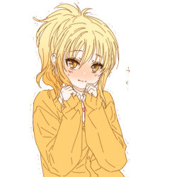  1girl :i blonde_hair blush cardigan closed_mouth commentary_request gradient_hair long_sleeves looking_at_viewer love_live! love_live!_nijigasaki_high_school_idol_club medium_hair miyashita_ai multicolored_hair neck_ribbon nijigasaki_school_uniform nose_blush orange_eyes orange_hair ponytail red_ribbon ribbon school_uniform shinanoya_(satanicad) simple_background sleeves_past_wrists solo split_mouth stifled_laugh sweatdrop trembling upper_body winter_uniform yellow_cardigan 