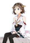  1girl bare_shoulders blue_eyes blush boots brown_hair detached_sleeves hairband hiei_(kantai_collection) japanese_clothes kantai_collection personification short_hair sitting skirt soburi solo thigh_boots thighhighs 
