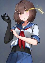  1girl asymmetrical_bodysuit breasts brown_hair elbow_gloves furutaka_(kancolle) furutaka_kai_ni_(kancolle) gloves glowing glowing_eye hair_between_eyes hair_ornament hairclip kantai_collection mani_oniniku medium_breasts neckerchief red_neckerchief school_uniform serafuku short_hair single_elbow_glove solo yellow_eyes 