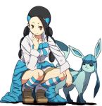  1girl ahoge black_hair braid brown_eyes clothes_around_waist forehead glaceon gym_leader hand_on_own_chin huge_ahoge kneehighs loose_socks multi-tied_hair pokemon pokemon_(creature) pokemon_(game) pokemon_dppt skirt socks squatting striped striped_legwear suzuna_(pokemon) sweater_around_waist twin_braids you_(maumauyo) 