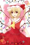  1girl ascot blonde_hair collarbone flandre_scarlet flower gradient gradient_background hat hat_ribbon highres looking_at_viewer mob_cap okayu_(tokamak1213) open_mouth puffy_short_sleeves puffy_sleeves red_eyes ribbon rose short_hair short_sleeves side_ponytail simple_background skirt skirt_set solo touhou wings 