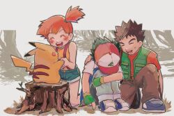  1girl 2boys ash_ketchum bare_shoulders baseball_cap black_hair blue_shorts blush brook_(one_piece) brown_hair brown_pants closed_eyes commentary_request denim facing_another facing_down fingerless_gloves full_body gloves green_gloves green_vest hand_on_another's_shoulder hat high_ponytail high_side_ponytail highres hugging_own_legs jeans kneeling knees_up misty_(pokemon) multiple_boys on_one_knee open_mouth orange_hair orange_shirt outdoors pants pikachu pokemon pokemon_(anime) pokemon_(classic_anime) pokemon_(creature) ponytail shirt shoes short_shorts shorts side_ponytail sitting sneakers spiky_hair suspender_shorts suspenders sweatdrop tank_top tree_stump umebosibakari2 vest yellow_tank_top 