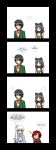  1boy 3girls 4koma black_hair blake_belladonna bow cape comic english hair_bow highres hood lie_ren long_hair lunarisaileron multiple_girls pink_eyes redhead ruby_rose rwby scar short_hair side_ponytail tears weiss_schnee white_hair yellow_eyes 